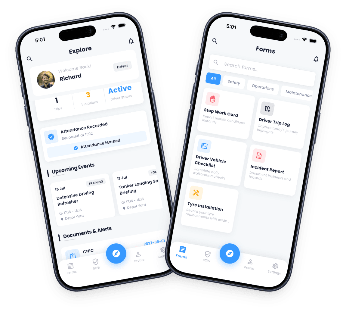 RT360 mobile app: a driver's Explore feed and a pre-trip vehicle checklist